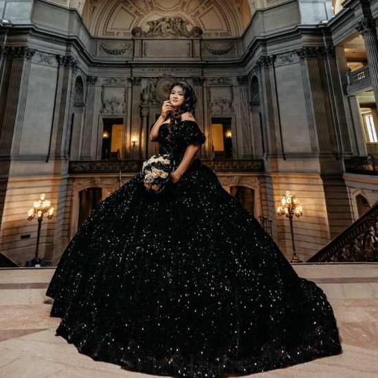 Luxury Black Quinceanera Dress 2024 Party Birthday Wear Princess Sequined Sweet 16 Birthday Party Gown Vestido 15 De Anos