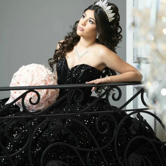 Luxury Black Quinceanera Dress 2024 Princess Off The Shoulder Sequined Sweet 15 Birthday Party Gown Vestido 15 De Anos