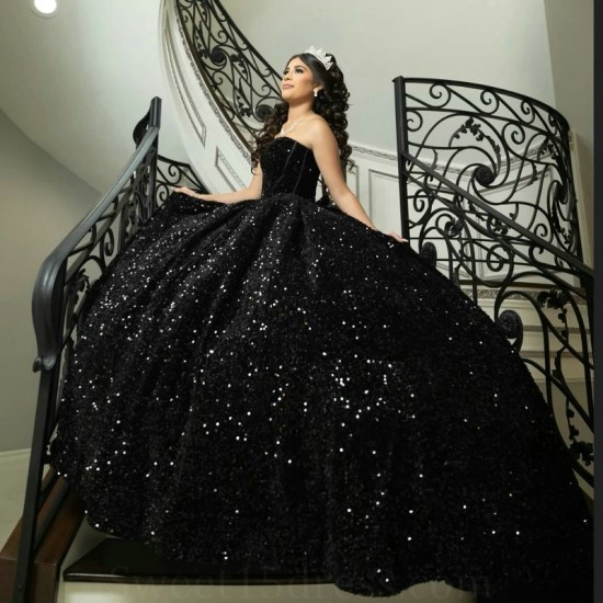 Luxury Black Quinceanera Dress 2024 Princess Off The Shoulder Sequined Sweet 15 Birthday Party Gown Vestido 15 De Anos