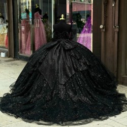 Luxury Black Shiny Quinceanera Dressess 2024 Off The Shoulder Ball Gowns Beads Bow Tull Sweet 16 Dress Vestidos De 15 Anos