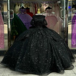 Luxury Black Shiny Quinceanera Dressess 2024 Off The Shoulder Ball Gowns Beads Bow Tull Sweet 16 Dress Vestidos De 15 Anos