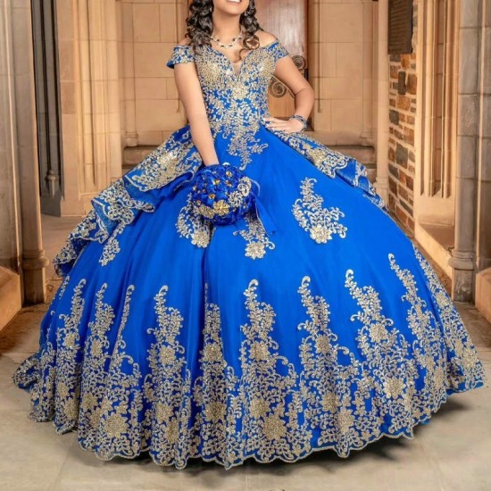 Luxury Blue Quinceanera Dresses 2024 Gold Lace Appliqued Pearls Ball Gown Vestidos 15 De Quinceanera Sweetheart Sweet 16