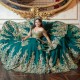 Luxury Emerald Green Quinceanera Dress Off The Shoulder Sequins Gold Lace Appliques Pearls Tull Sweet 16 Dress Vestidos De 15