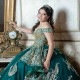 Luxury Emerald Green Quinceanera Dress Off The Shoulder Sequins Gold Lace Appliques Pearls Tull Sweet 16 Dress Vestidos De 15