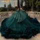 Luxury Emerald Green Shiny Ball Gown Quinceanera Dresses With Bow Beaded Crystal Tull Tiered Sweet 16 Dress Vestidos De 15 Anos