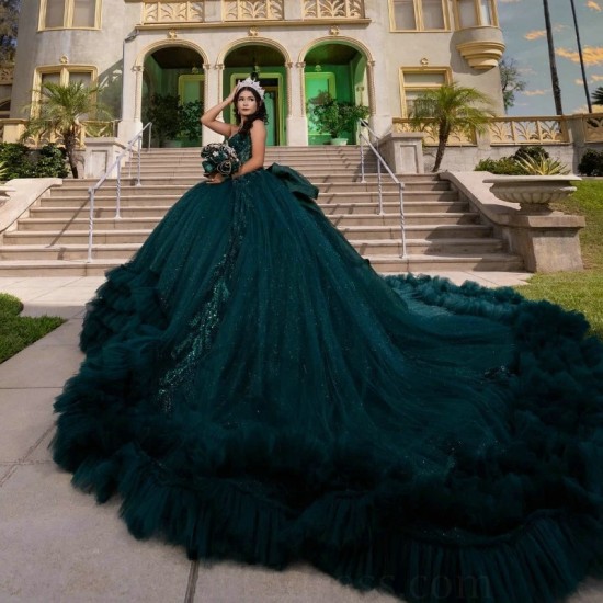 Luxury Emerald Green Shiny Ball Gown Quinceanera Dresses With Bow Beaded Crystal Tull Tiered Sweet 16 Dress Vestidos De 15 Anos