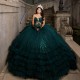 Luxury Emerald Green Shiny Ball Gown Quinceanera Dresses With Bow Beaded Crystal Tull Tiered Sweet 16 Dress Vestidos De 15 Anos