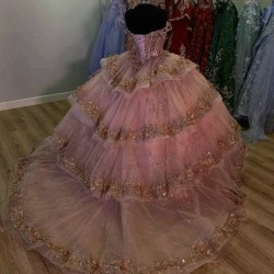 Luxury Glittering Pink Quinceanera Dresses Off Shoulder Applique Lace Beads Vestidos De 15 Anos Birthday Party Corset Ball Gown