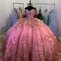 Luxury Glittering Pink Quinceanera Dresses Off Shoulder Applique Lace Beads Vestidos De 15 Anos Birthday Party Corset Ball Gown