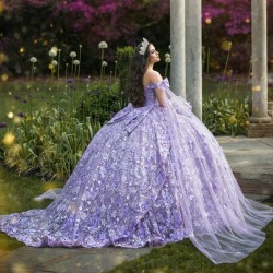 Luxury Lavender Shiny Quinceanera Dresses 2024 With Cape Applique Lace Beads Ball Gowns Sweet 16 Dress Vestidos De 15 Anos