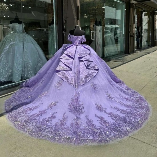 Luxury Lavender Sweet 16 Quinceanera Dresses Gown Applique Lace Beads Crystal Tull Ball Party Prom Dress Vestido De 15 Anos