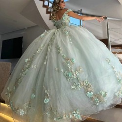 Luxury Light Green Princess Quinceanera Dresses 3D Floral Sparkling Off The Shoulder Applique Beads Tull 2024 Sweet 16 Vestidos