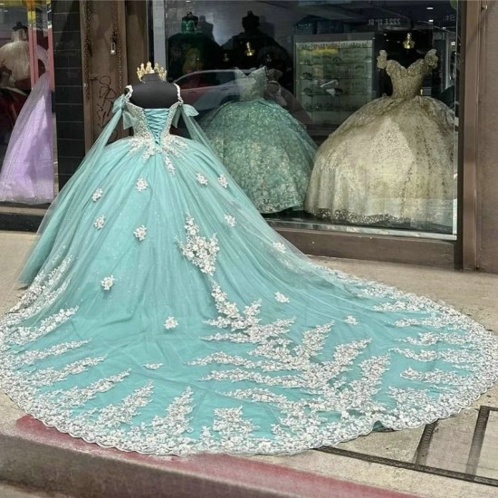 Luxury Light Green Quinceanera Dresses Lace Applique Beads Off The Shoulder Birthday Party Sweet 16 Dress Vestido de 15 anos