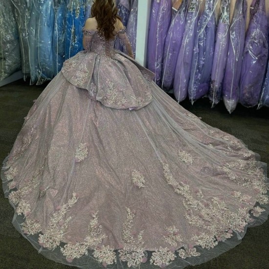 Luxury Lilac Shiny Quinceanera Dresses Ball Gown Off The Shoulder Appliques Lace 3DFlower Beads Lace Up Sweet 16 Dress