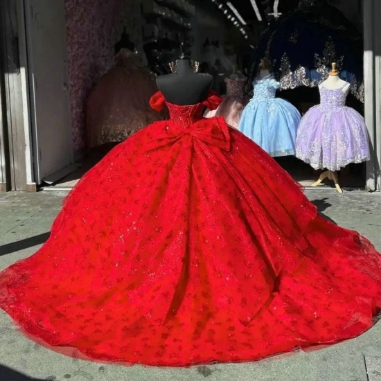 Luxury Mexican Red Glitter Quinceanera Dress Ball Gown Off Shoulder Lace Beading Crystals Tull Sweet 16 Vestidos De 15 Anos