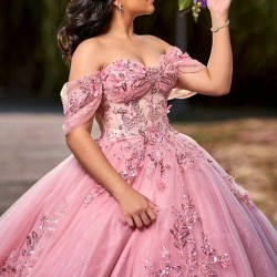 Luxury Pink Quinceanera Dress Ball Gown Off The Shoulder Applique Lace Beads Crystal Tull 2024 Sweep 16 Dress Vestidos 15 De Xv