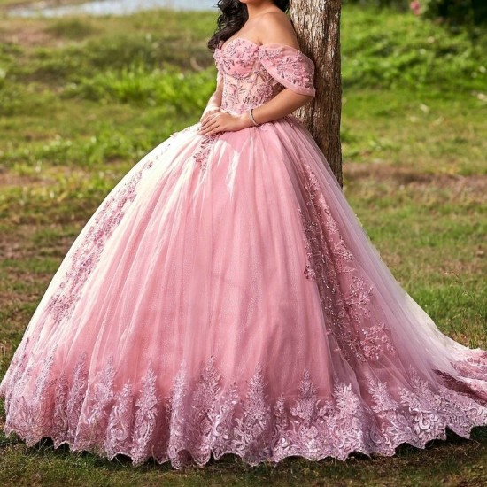 Luxury Pink Quinceanera Dress Ball Gown Off The Shoulder Applique Lace Beads Crystal Tull 2024 Sweep 16 Dress Vestidos 15 De Xv