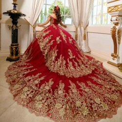 Luxury Red Quinceanera Dress Off The Shoulder Gold Sequins Gold Lace Appliques Pearl Ruffles Sweet 16 Dress Vestidos 15 De