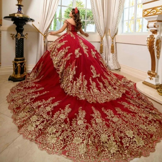 Luxury Red Quinceanera Dress Off The Shoulder Gold Sequins Gold Lace Appliques Pearl Ruffles Sweet 16 Dress Vestidos 15 De