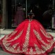 Luxury Red Shiny Quinceanera Dresses 2024 Gold Lace Appliqued Crystal Off the Shoulder Ball Gown Sweet 16 Vestidos 15 De