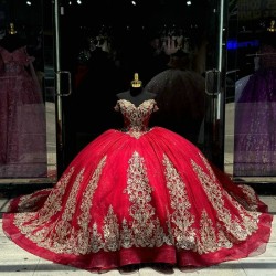 Luxury Red Shiny Quinceanera Dresses 2024 Gold Lace Appliqued Crystal Off the Shoulder Ball Gown Sweet 16 Vestidos 15 De