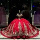 Luxury Red Shiny Quinceanera Dresses 2024 Gold Lace Appliqued Crystal Off the Shoulder Ball Gown Sweet 16 Vestidos 15 De