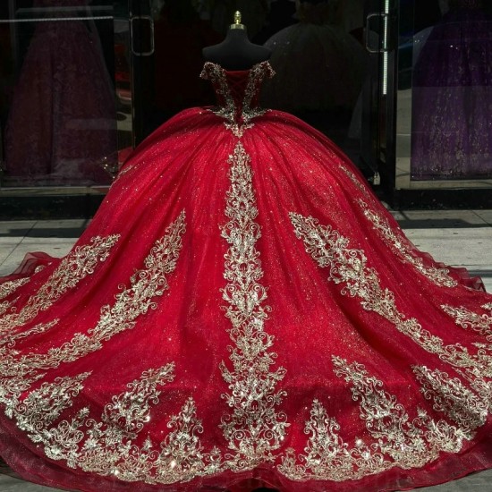 Luxury Red Shiny Quinceanera Dresses 2024 Gold Lace Appliqued Crystal Off the Shoulder Ball Gown Sweet 16 Vestidos 15 De