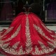 Luxury Red Shiny Quinceanera Dresses 2024 Gold Lace Appliqued Crystal Off the Shoulder Ball Gown Sweet 16 Vestidos 15 De