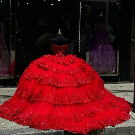 Luxury Red Sweet 16 Ball Gown Quinceanera Dress Off The Shoulder Beads Crystal Appliques Lace Tull Sweet 16 Vestidos De 15 Anos