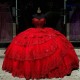 Luxury Red Sweet 16 Ball Gown Quinceanera Dress Off The Shoulder Beads Crystal Appliques Lace Tull Sweet 16 Vestidos De 15 Anos