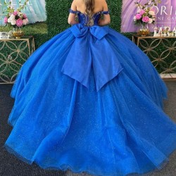 Luxury Royal Blue Quinceanera Dresses Ball Gown Off The Shoulder Beads Crystal Bow Sweet 16 Year Birthday Party Vestidos De 15