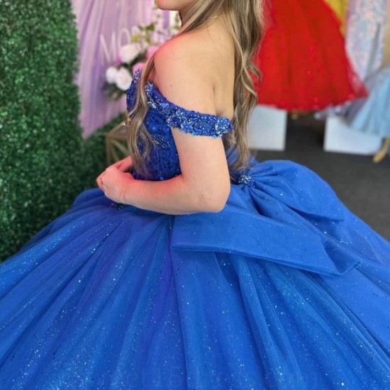 Luxury Royal Blue Quinceanera Dresses Ball Gown Off The Shoulder Beads Crystal Bow Sweet 16 Year Birthday Party Vestidos De 15