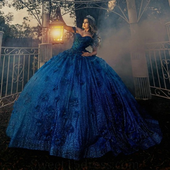 Luxury Royal Blue Shiny Quinceanera Dress 2024 Ball Gown Sweetheart Beads Flower Tull Sweet 16 Vestidos 15 De Xv Anos