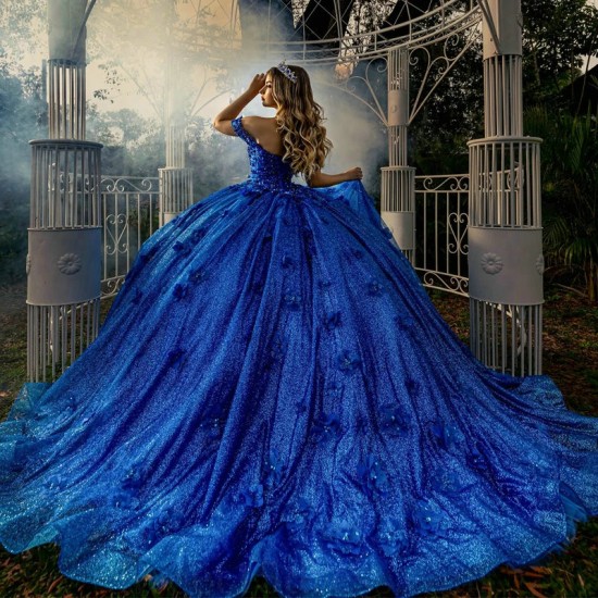 Luxury Royal Blue Shiny Quinceanera Dress 2024 Ball Gown Sweetheart Beads Flower Tull Sweet 16 Vestidos 15 De Xv Anos