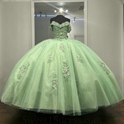 Luxury Sage Green Off The Shoulder Mexican Quinceanera Dressess Applique Lace Beads Tull Prom Lace Up vestido 15 quinceaneras