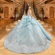 Luxury Sky Blue Mexican Quinceanera Dressess Off The Shoulder Applique Lace Beads Corset Prom Lace Up vestido 15 quinceaneras