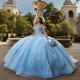 Luxury Sky Blue Quinceanera Dresses Off The Shoulder 2024 Lace Appliqued Crystal Tull Ball Gown Vestidos 15 De Sweet 16