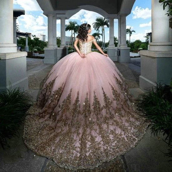 Mexican Pink Off The Shoulder Quinceanera Dress Ball Gown Gold Lace Applique Beading Tull Corset Sweet 16 Vestidos De XV 15 Anos