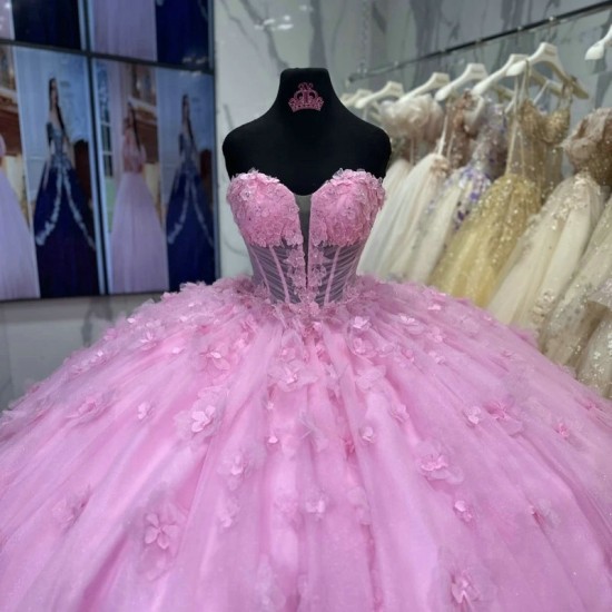 Mexican Pink Quinceanera Dresses Ball Gown Beaded Flower Tull Corset Sweet 16 Dress Princess Lace Up Vestido De 15 Anos