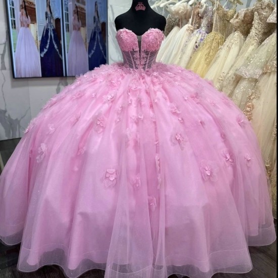 Mexican Pink Quinceanera Dresses Ball Gown Beaded Flower Tull Corset Sweet 16 Dress Princess Lace Up Vestido De 15 Anos