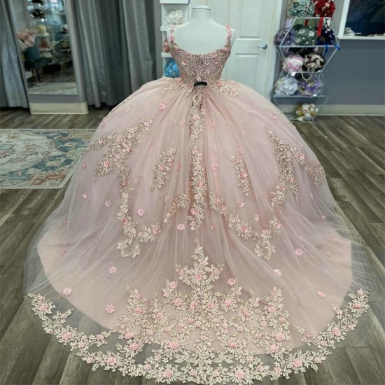 Mexican Pink Shiny Quinceanera Dress Ball Gown 3D Floral Applique Beaded Crystal Tull Corset Sweet 16 Vestidos De 15 Anos