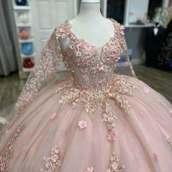 Mexican Pink Shiny Quinceanera Dress Ball Gown 3D Floral Applique Beaded Crystal Tull Corset Sweet 16 Vestidos De 15 Anos