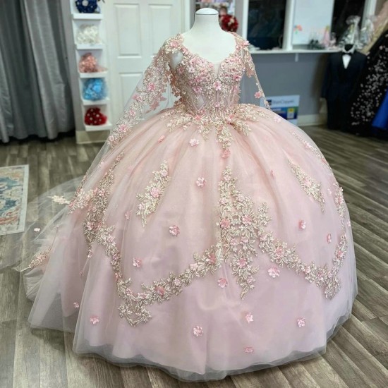 Mexican Pink Shiny Quinceanera Dress Ball Gown 3D Floral Applique Beaded Crystal Tull Corset Sweet 16 Vestidos De 15 Anos