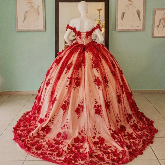 Mexican Red Vestido De 15 Anos Quinceanera Dresses Appliques Flower Beads Crystal Tull Corset Sweet 16 Dress Abiti Da Cerimonia