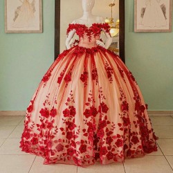 Mexican Red Vestido De 15 Anos Quinceanera Dresses Appliques Flower Beads Crystal Tull Corset Sweet 16 Dress Abiti Da Cerimonia