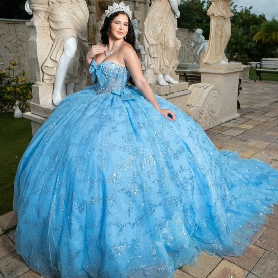 Mexican Sky Blue Quinceanera Dresses Ball Gown Beaded Lace Appliques Bow Sweet 16 Dress Princess Lace Up Vestido De 15 Anos