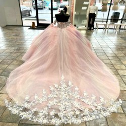 Mexico Pink Ball Gown Quinceanera Dress Beaded Appliques Lace Tull Birthday Party Gowns Sweet 16 15 Prom