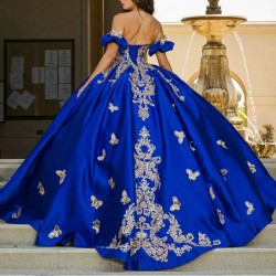 Mexico Royal Blue Quinceanera Dress Off The Shoulder Ball Gown Gold Butterfly Applique Beaded Corset Sweet 16 Vestidos De 15Anos