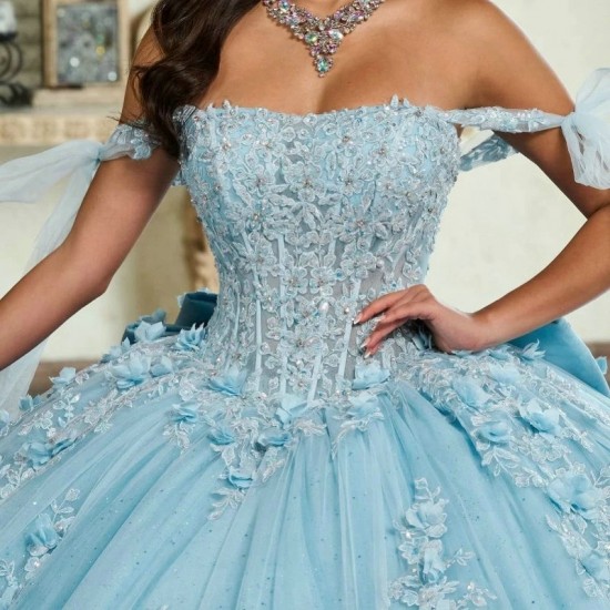 Mexico Sky Blue Ball Gown Quinceanera Dress Floral Appliques Sequins Beaded Tull Off Shoulder Sweet 16 Vestido De 15 Anos