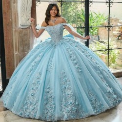 Mexico Sky Blue Ball Gown Quinceanera Dress Floral Appliques Sequins Beaded Tull Off Shoulder Sweet 16 Vestido De 15 Anos